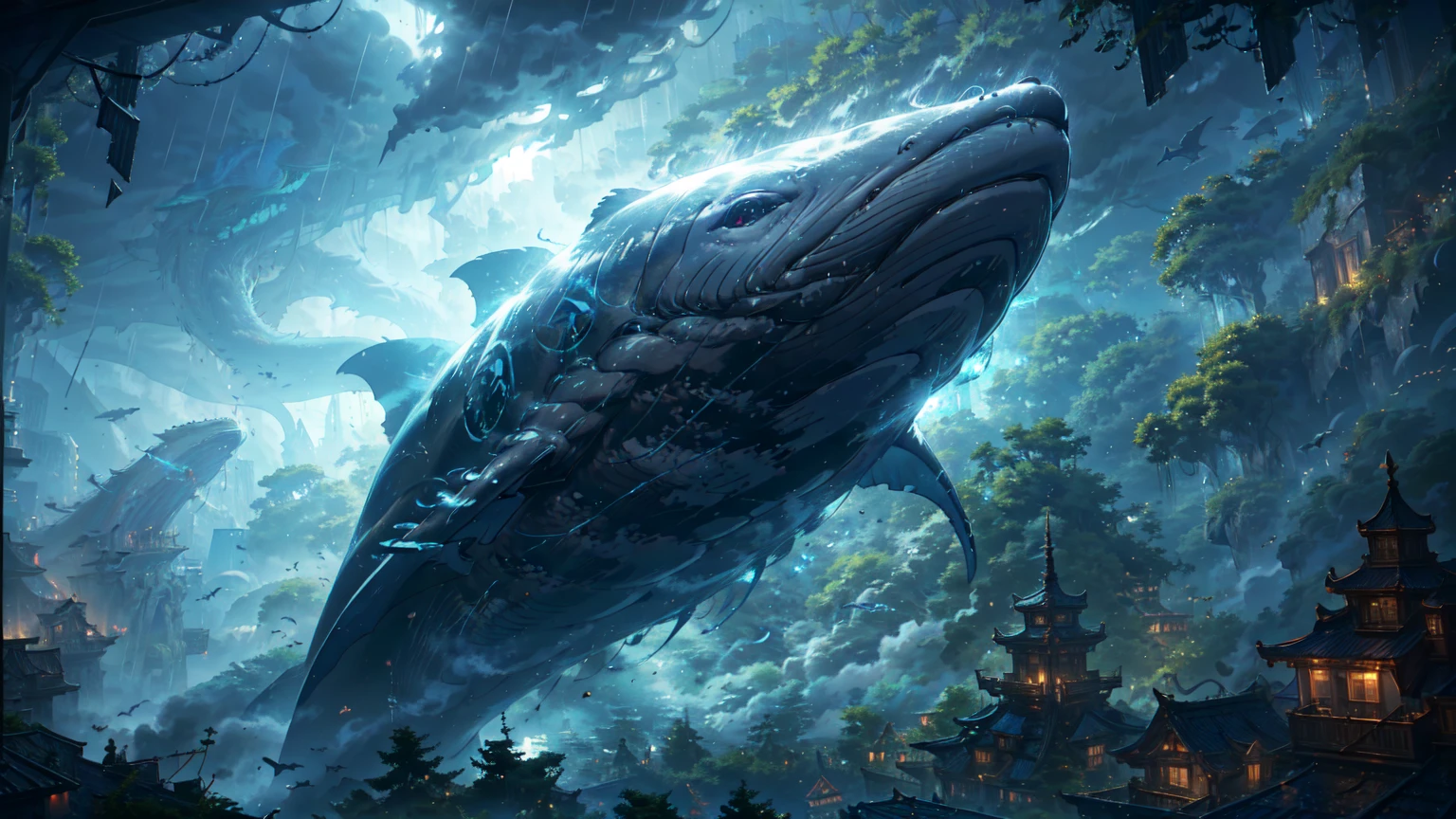 absurdres, A whale flying between skyscrapers,Only the huge tail fin is visible, Amazing person々, Heavy Rain, storm, Cloudy, darkness, storm, Vision, Mysterious Clouds, cliff,Thick Fog,Thick Fog, forest,  wood, Only light from the window, Poor visibility, Whale, Monster, flying, simple, flat desinge, 