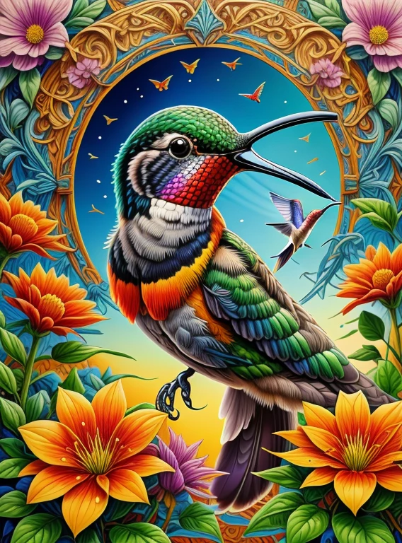 CRU photo, photorrealistic, GaelicPatternStyle a hummingbird drinking from a flower, close up, bright and vibrant, (work of art:1.3) (best qualityer:1.2) (high qualiy:1.1)