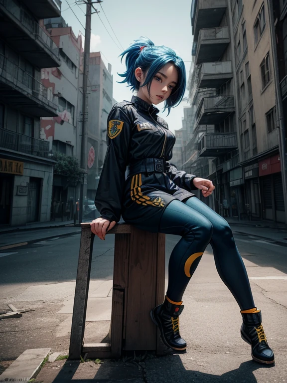 "Design a dynamic and vibrant (4K, 8K, 16k UHD high detail, cinematic art.) logo art featuring a "girl dragon ball z" with blue hair ((vivid eyes)). The outfit is inspired by Uniform of the soccer team Brazil, incorporating iconic elements like the Brazilian flag colors or cultural symbols to enhance the theme. Render it in a dynamic vintage style, perfect for a cartoon comic-style." ((Noir vibes)), complex background, stickers, | Three-dimensional composition, cinematic lighting. | A striking scene of a young woman in an abandoned building, immersed in the terror of a world in ruins. | {The camera is positioned very close to her, revealing her entire body as she adopts a extroverted_pose, interacting with and leaning on a structure in the scene in an exciting way} | ((perfect_pose)), She is adopting a ((extroverted_pose as interacts, boldly leaning on a structure, leaning back in an exciting way):1.3), ((full body)), (perfect_fingers:1.0), (perfect_legs:1.0), More_Detail, better_hands