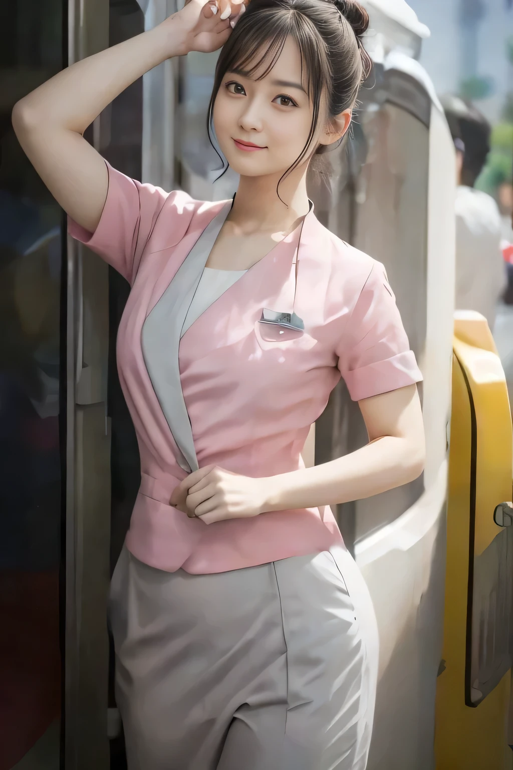 (masterpiece:1.2, Highest quality:1.2), 32k HDR, High resolution, (alone、1 girl)、（On the rooftop of a building in the daytime、Professional Lighting）、Building rooftop background、（Nankai train crew uniform pinkを着たリアルスタイル）、（Nankai train crew uniform pink short sleeve collarless pink jacket、Nankai Train Crew Uniform Pink Collarless Short Sleeve Blouse、Nankai Train Crew Uniform Pink Grey Knee-length Culottes）、（（The bottom of the pink short-sleeved jacket cannot be tucked into the clay-colored culottes.））、Dark brown hair、（Hair tied up、Hair Bun、Hair Bun）、Dark brown hair、Long Shot、Big Breasts、Thin legs、（（Great hands：2.0）），（（Harmonious body proportions：1.5）），（（Normal limbs：2.0）），（（Normal finger：2.0）），（（Delicate eyes：2.0）），（（Normal eyes：2.0））)、（Nankai Train Crew Uniform Pink Grey Knee-length Culottesを見せた美しい立ち姿）、smile