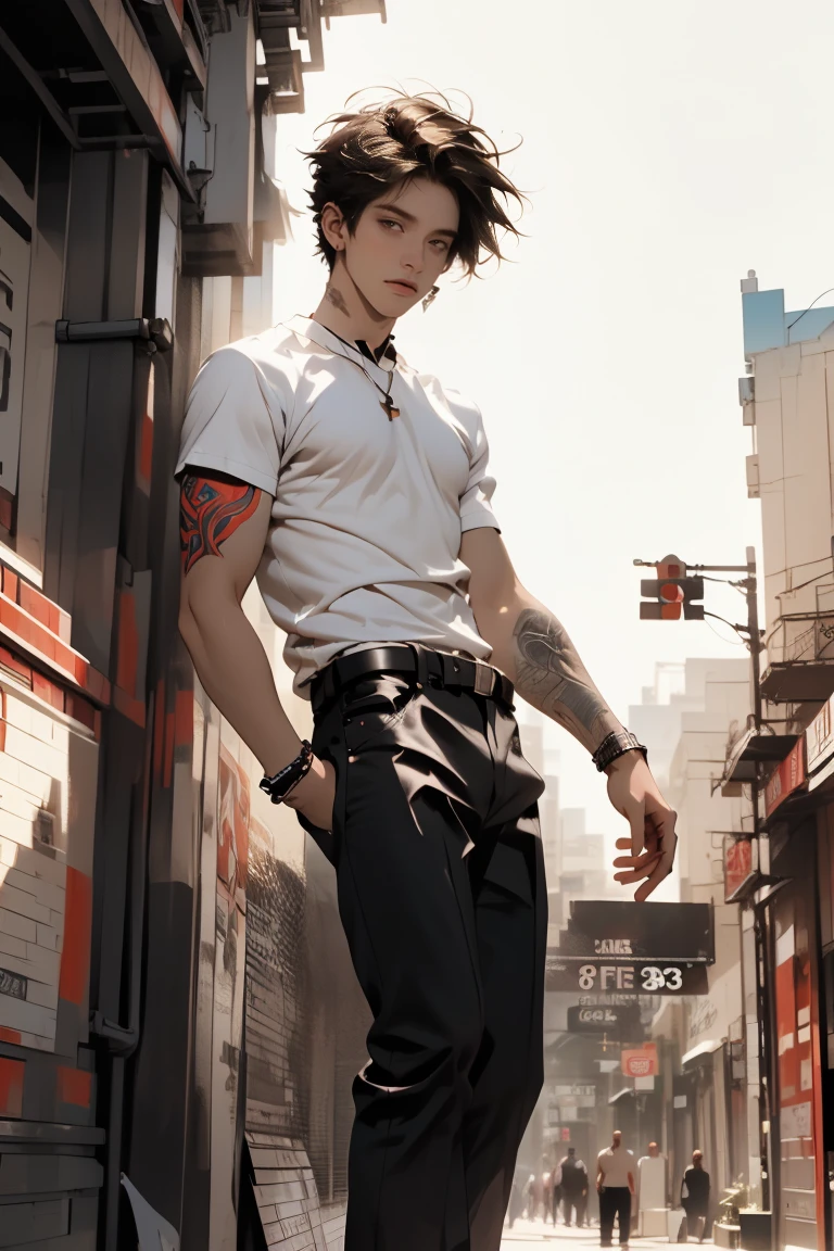Ultra-realistic CG K ,((premium、8k、32k、Masterpiece、NFFSW:1.3)), (superfine illustration)、(super high resolution), (((adult body))), (((1 young man masculine features:1.5))), ((( modern short hair))), 25 year old cyberpunk gladiator with perfect body, Shoulder pads with metal spikes., Gladiadores in Brooklyn, (( short hair bob )), Torn rugby team t-shirt, wild urban style by Simon Bisley, short brown hair, sportswear:1.3, Metallic protection on the left arm with complex graphics....., Dark red with white stars and blue and white stripes.,(( sensual elegant pose:1.5)), armor, Full of spikes and rivets., poison tattoo (((Image from the knee up))), short brown hair, In the background、 There is a wall with an intricate design painted by Shepard Fairey.....