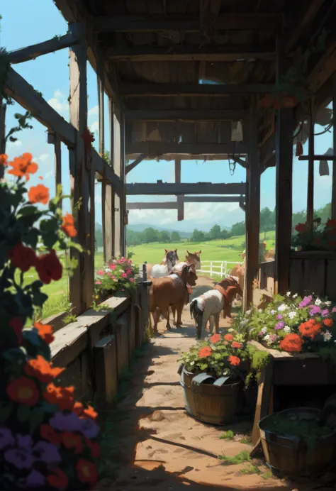 three girls on the farm , to flowers and animals 