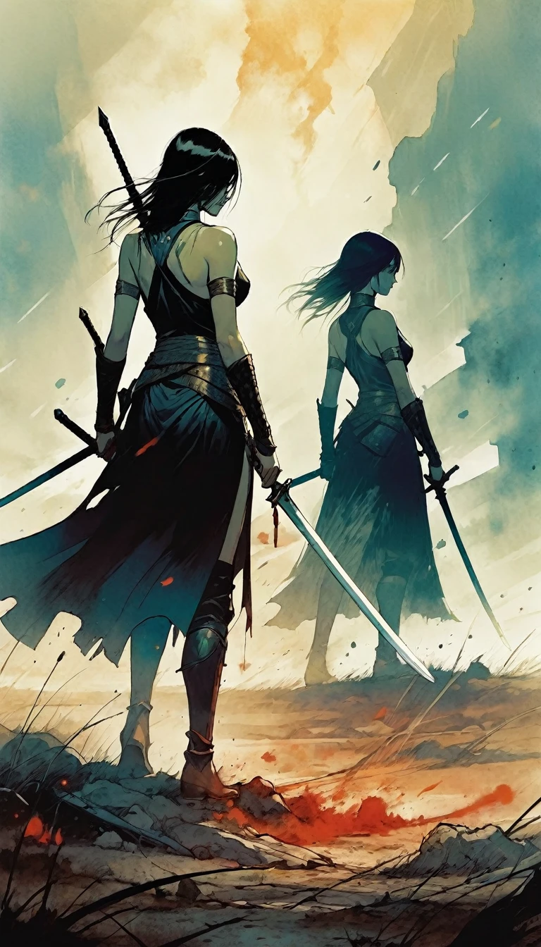 two warriors walk away from a battlefield full of dead, while a woman warrior picks up five swords from the ground, battle challenges, dead, smoke (art inspired by Bill Sienkiewicz)
