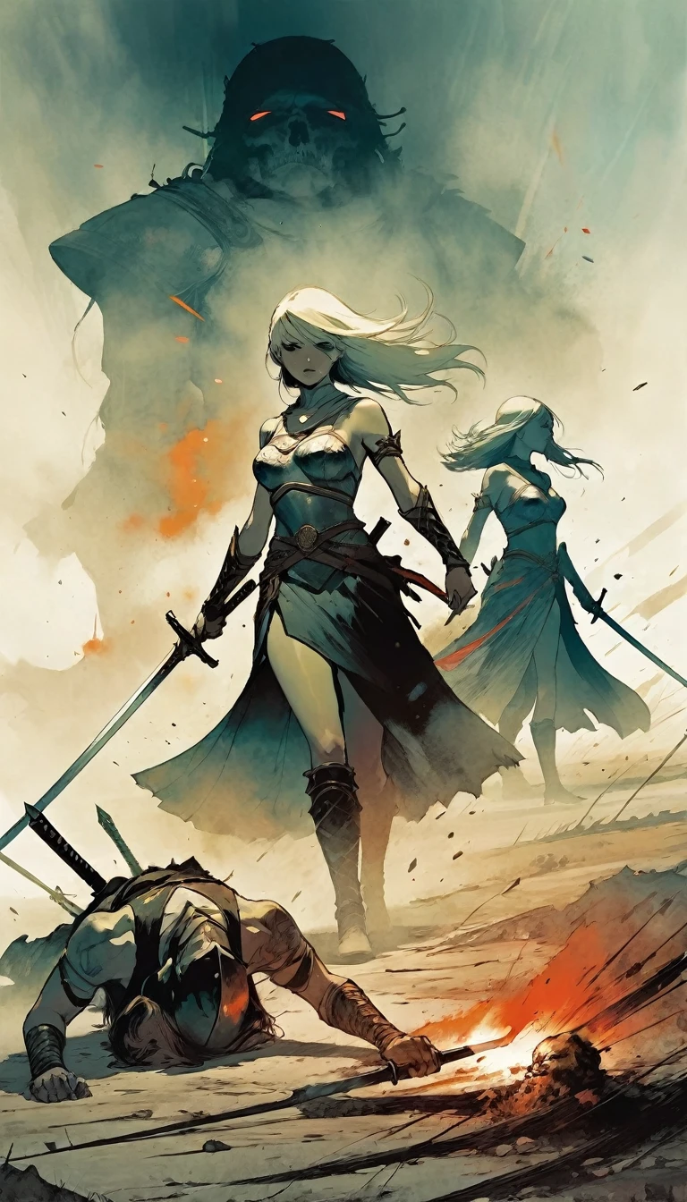 two warriors walk away from a battlefield full of dead, while a woman warrior picks up five swords from the ground, battle challenges, dead, smoke (art inspired by Bill Sienkiewicz)
