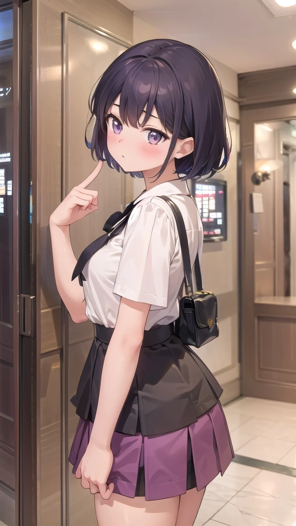 masterpiece,best quality,ultra-detailed,1girl, blouse,miniskirt,(heyapanel), finger to far,blush,from side upper body, lovehotel, reception,scenery,japan