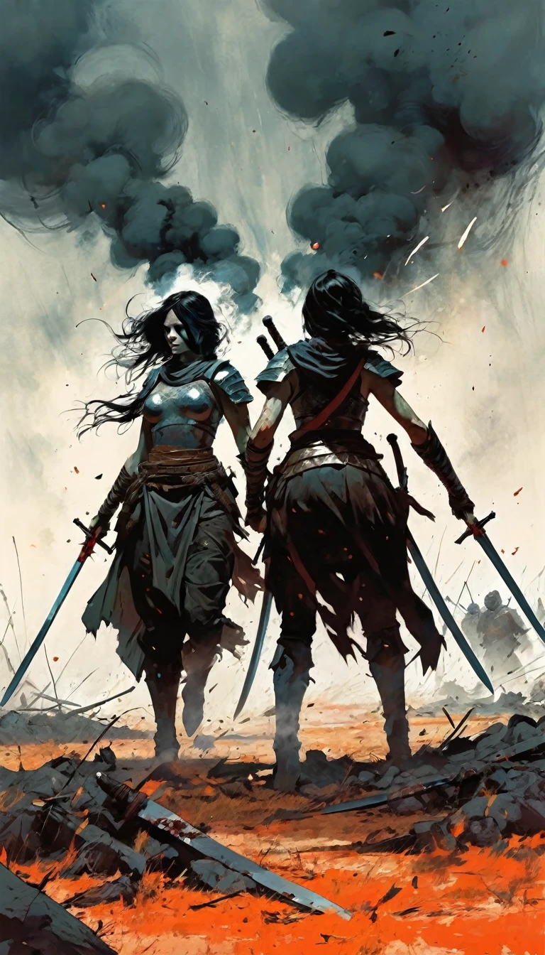 while a woman warrior picks up five swords from the ground,two warriors walk away from a battlefield full of dead, , battle challenges, dead, smoke (art inspired by Bill Sienkiewicz)
