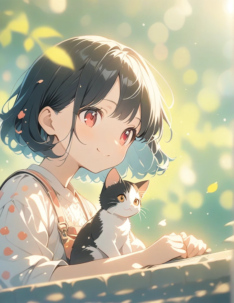 Anime Style, Ultra-fine illustrations, Very detailed, Dynamic Angle, Beautiful details, 8K,One cute girl,black Hair,Thin bob cut, smile,red eyes, Sitting on a garden bench,fashionable, Trendy clothing,Cobblestones,(Speckled sunlight:1.2),Blurred,(Depth of written boundary:1.1),Tilt your head,(Fluttering petals),wood,Cuddle a kitten,upper body