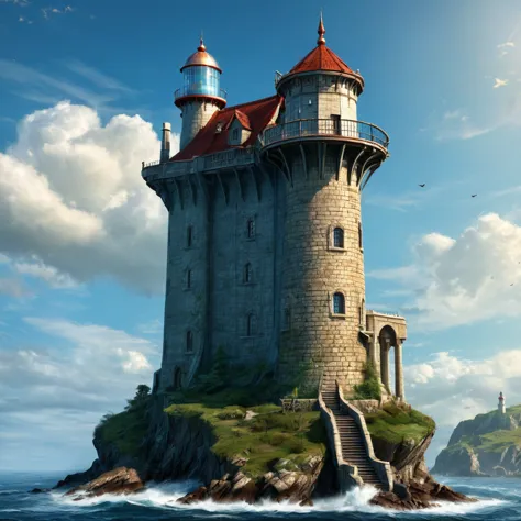 (best quality)), ((masterpiece)), ((realistic,digital art)), (super detailed), (gigantic elf lighthouse 300 meters high), (medie...