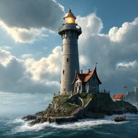 (best quality)), ((masterpiece)), ((realistic,digital art)), (super detailed), (gigantic elf lighthouse 300 meters high), (medie...