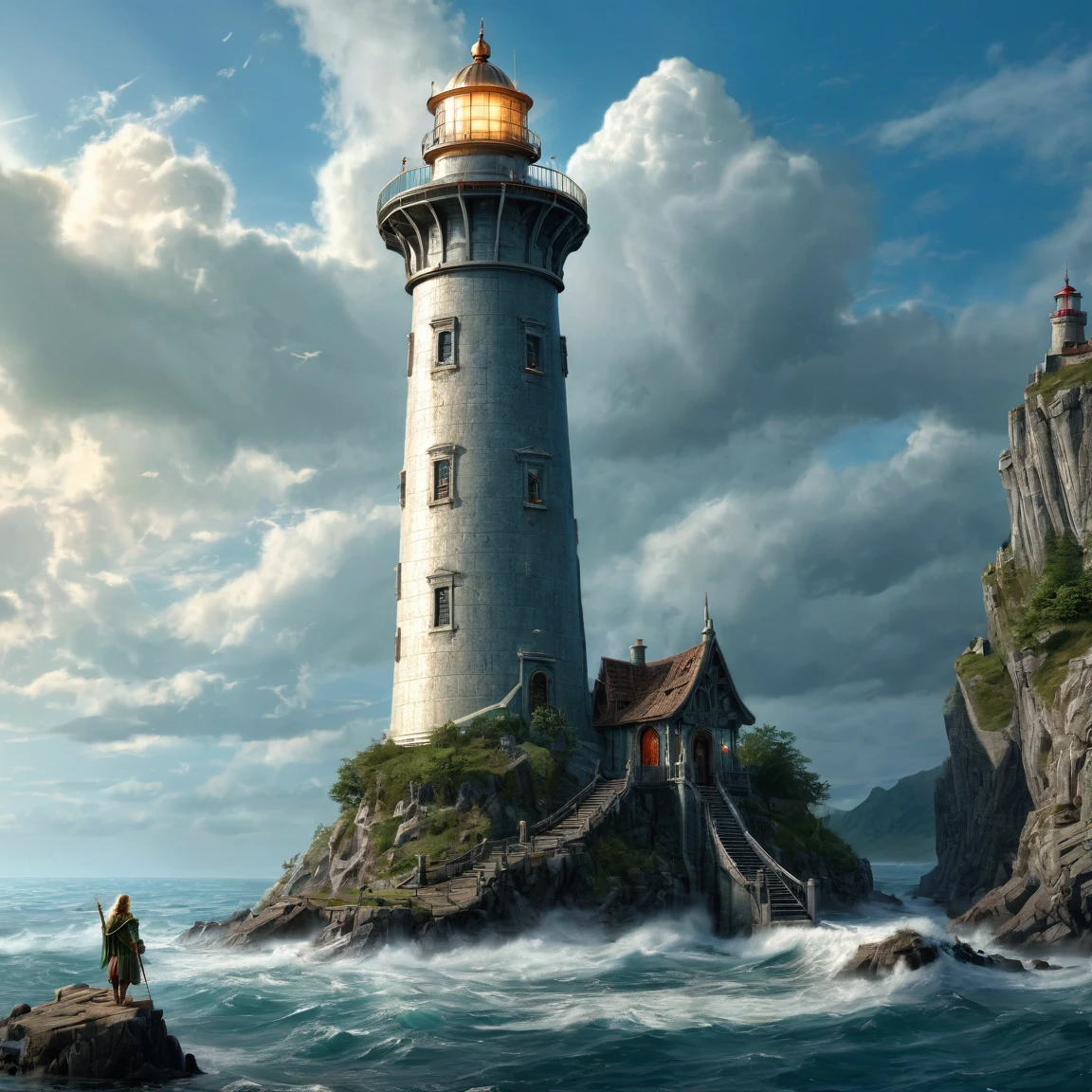 (best quality)), ((masterpiece)), ((realistic,digital art)), (super detailed), (gigantic elf lighthouse 300 meters high), (medieval fantasy style), front view