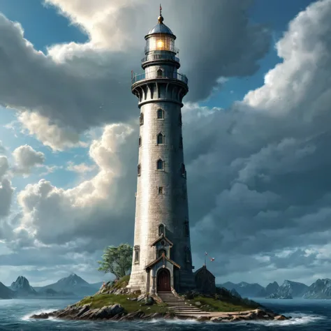 (best quality)), ((masterpiece)), ((realistic,digital art)), (super detailed), (gigantic elf lighthouse 300 meters high), (medie...