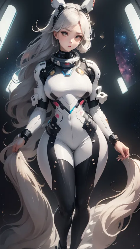 anime girl in space with a spaceship in the background, thick and smooth warframe thighs, gynoid body, usa un space suit, centau...