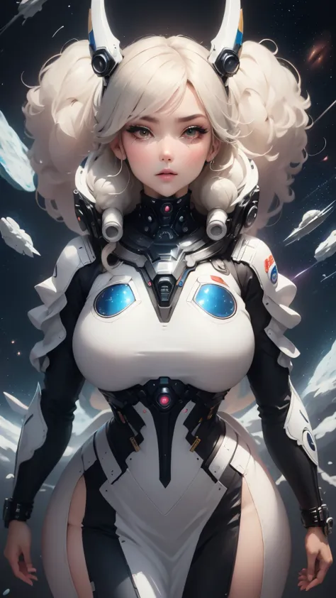 anime girl in space with a spaceship in the background, thick and smooth warframe thighs, gynoid body, usa un space suit, centau...