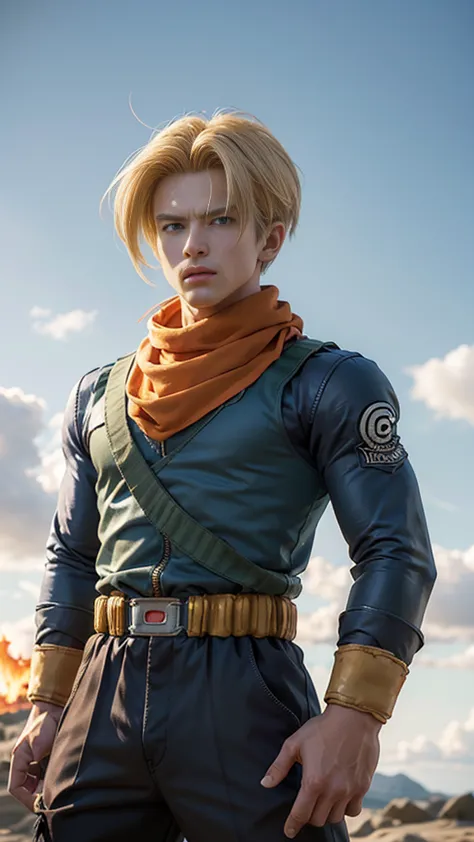 Dragonball Super Future Trunks super sayan with scarf around his neck and sword in his hands. 