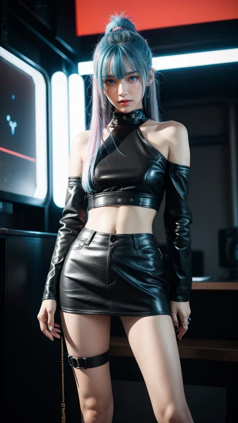 1 girl,Imagine a young girl in a cyberpunk atmosphere....,She has striking colored hair...., For example:::, neon blue or dark r...