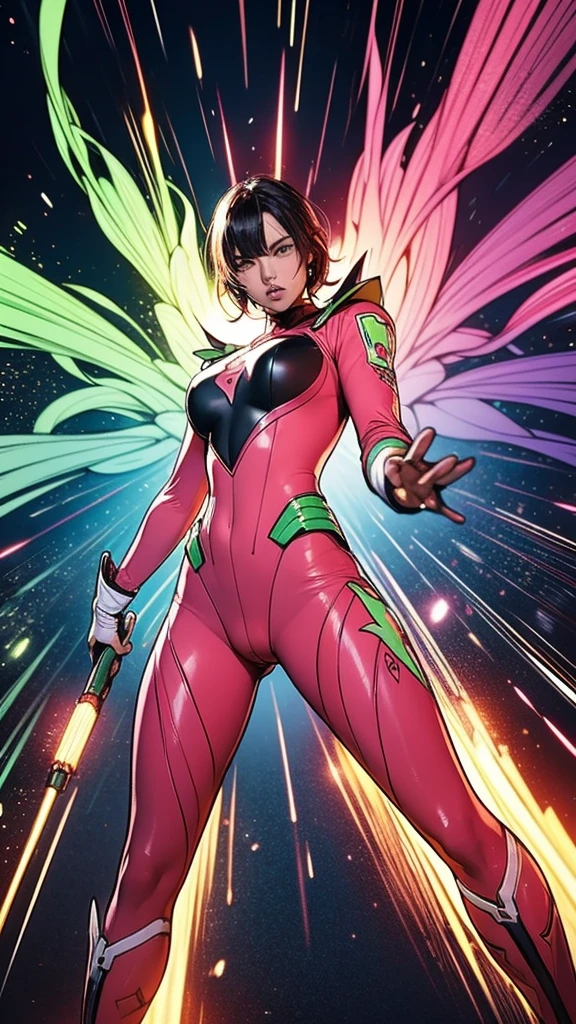 Solo, A brave and courageous image of a 6 member ranger team, Each one is decorated in vibrant colors such as:: ((Pink)), red is front of center, violet, Green, yellow, blue black, white,. Dynamic poses in a background that exudes energy and courage, neon, fire, plasma, Fluorescent, shocking, pink big bomber, splashing pink, running, fighting pose, action pose, Embodying the essence of the classic Sentai superhero team. Each Ranger:: The attire is sophisticated and modern, Each color has elements that reflect its theme., Ready for action. ((Camel Toe)), weapons, in sunset background , in cinematic lighting, cover art mixed cinema poster style,