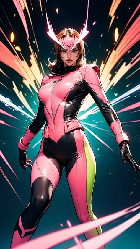 Solo, A brave and courageous image of a 6 member ranger team, Each one is decorated in vibrant colors such as:: ((Pink)), red is...