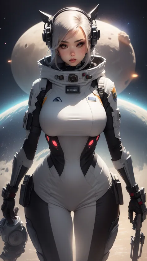 girl in space with a spaceship in the background, thick and smooth warframe thighs, gynoid body, usa un space suit, centaur astr...