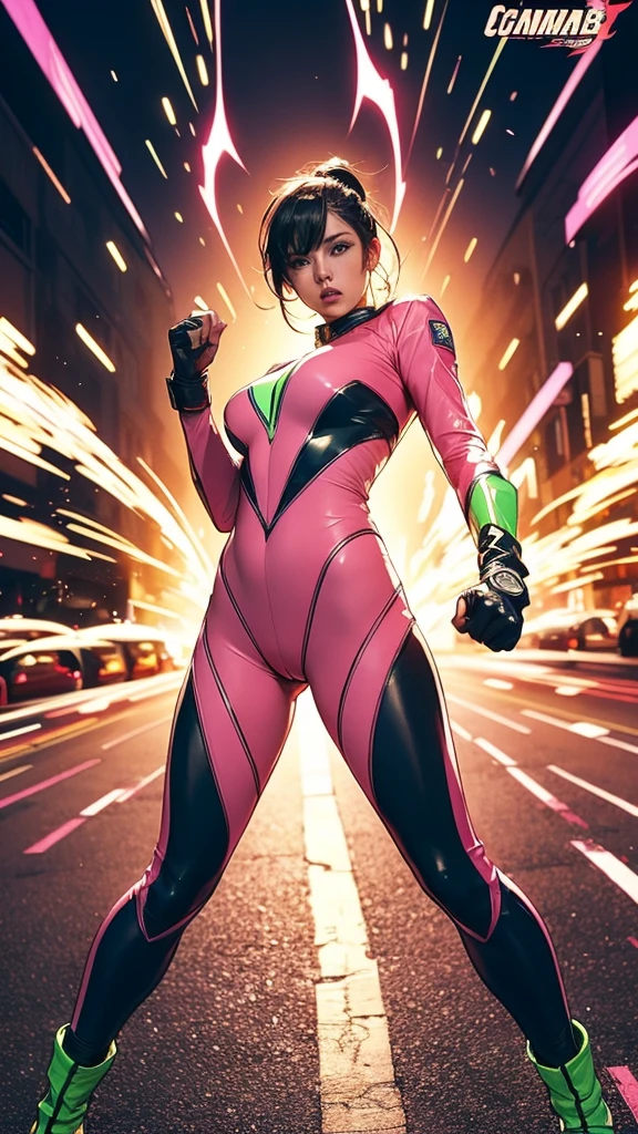 Solo, A brave and courageous image of a 6 member ranger team, Each one is decorated in vibrant colors such as:: ((Pink)), red is front of center, violet, Green, yellow, blue black, white,. Dynamic poses in a background that exudes energy and courage, neon, fire, plasma, Fluorescent, shocking, pink big bomber, splashing pink, running, fighting pose, action pose, Embodying the essence of the classic Sentai superhero team. Each Ranger:: The attire is sophisticated and modern, Each color has elements that reflect its theme., Ready for action. ((Camel Toe)), weapons, in sunset background , in cinematic lighting, cover art mixed cinema poster style,