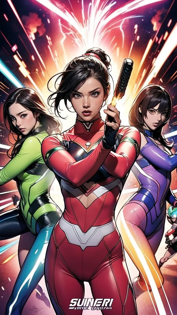 Solo, A brave and courageous image of a 6 member ranger team, Each one is decorated in vibrant colors such as:: ((Pink)), red is front of center, violet, Green, yellow, blue black, white,. Dynamic poses in a background that exudes energy and courage, neon, fire, plasma, Fluorescent, shocking, pink big bomber, splashing pink, running, fighting pose, action pose, Embodying the essence of the classic Sentai superhero team. Each Ranger:: The attire is sophisticated and modern, Each color has elements that reflect its theme., Ready for action. ((Camel Toe)), weapons, in sunset background , in cinematic lighting, cover art mixed cinema poster style,