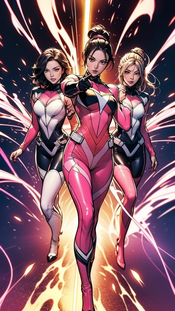 Solo, A brave and courageous image of a 6 member ranger team, Each one is decorated in vibrant colors such as:: ((Pink)), red is front of center, violet, Green, yellow, blue black, white,. Dynamic poses in a background that exudes energy and courage, neon, fire, plasma, Fluorescent, shocking, pink big bomber, splashing pink, running, fighting pose, action pose, Embodying the essence of the classic Sentai superhero team. Each Ranger:: The attire is sophisticated and modern, Each color has elements that reflect its theme., Ready for action. ((Camel Toe)), weapons, in sunset background , in cinematic lighting, cover art mixed cinema poster style,