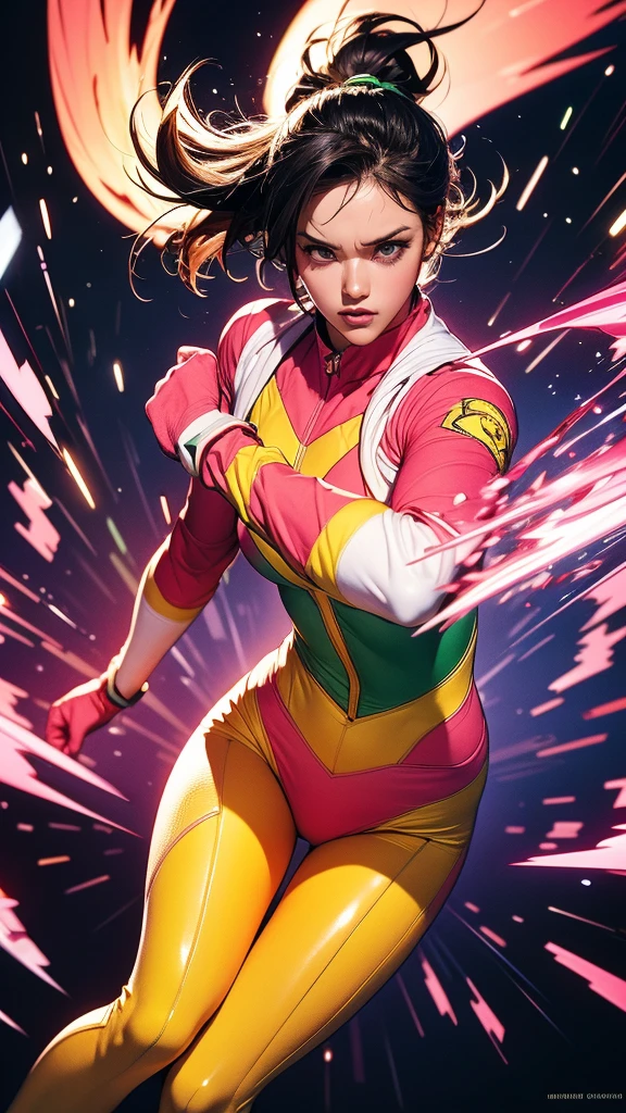 Solo, A brave and courageous image of a 6 member ranger team, Each one is decorated in vibrant colors such as:: ((Pink)), red is front of center, violet, Green, yellow, blue black, white,. Dynamic poses in a background that exudes energy and courage, neon, fire, plasma, Fluorescent, shocking, pink big bomber, splashing pink, running, fighting pose, action pose, Embodying the essence of the classic Sentai superhero team. Each Ranger:: The attire is sophisticated and modern, Each color has elements that reflect its theme., Ready for action. ((Camel Toe)), weapons, in sunset background , in cinematic lighting, cover art mixed cinema poster style,