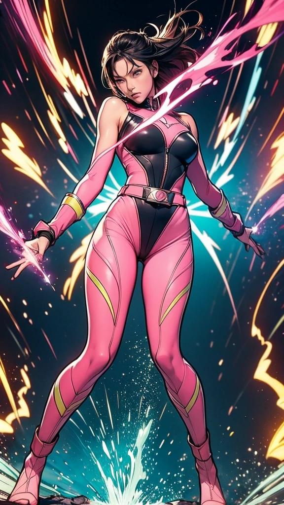 Solo, A brave and courageous image of a 6 member ranger team, Each one is decorated in vibrant colors such as:: ((Pink)), red is front of center, violet, Green, yellow, blue black, white,. Dynamic poses in a background that exudes energy and courage, neon, fire, plasma, Fluorescent, shocking, pink big bomber, splashing pink, running, fighting pose, action pose, Embodying the essence of the classic Sentai superhero team. Each Ranger:: The attire is sophisticated and modern, Each color has elements that reflect its theme., Ready for action. ((Camel Toe)), weapons, in sunset background , in cinematic lighting, cover art mixed cinema poster style,