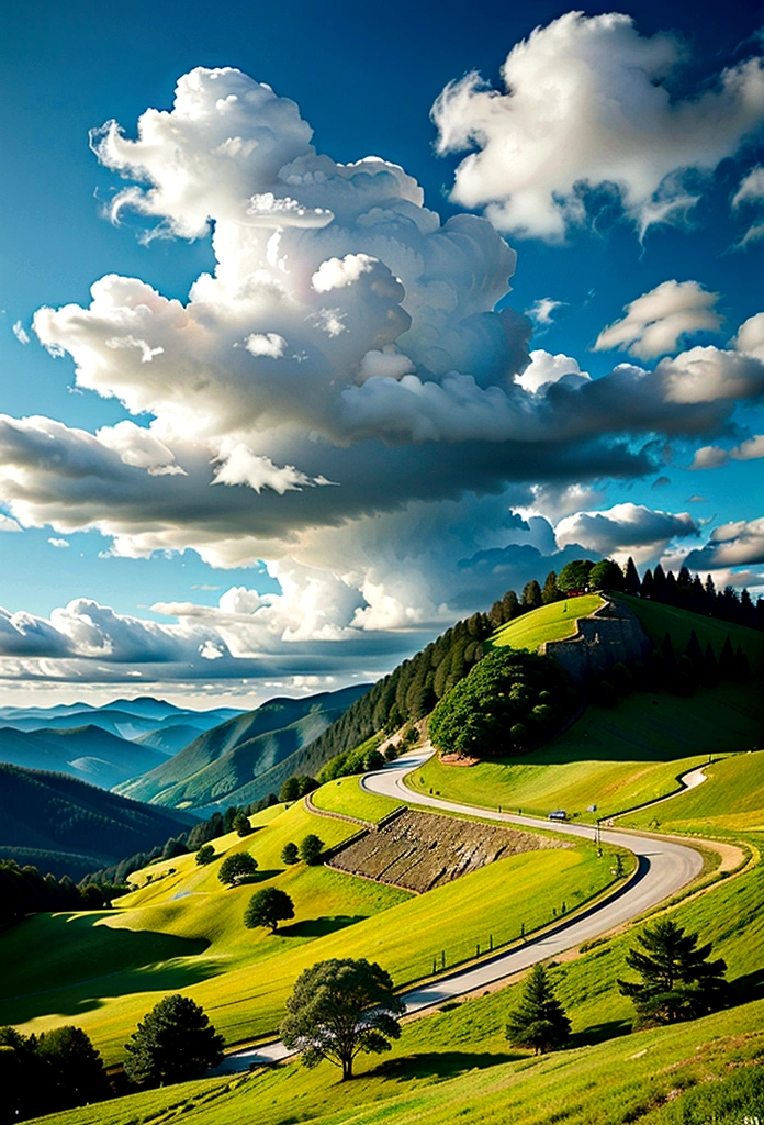 glatt, grüne Hügel unter einem blauen Himmel mit einigen Wolken.