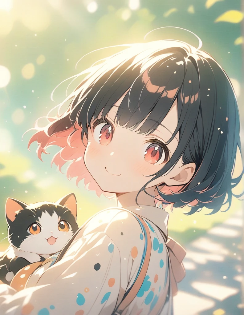 Anime Style, Ultra-fine illustrations, Very detailed, Dynamic Angle, Beautiful details, 8K,One cute girl,black Hair,Thin bob cut, smile,red eyes,fashionable, Trendy clothing,Cobblestones,(Speckled sunlight:1.2),Blurred,(Depth of written boundary:1.1),Tilt your head,(Fluttering petals),wood,Cuddle a kitten,頬をくっつける,upper body