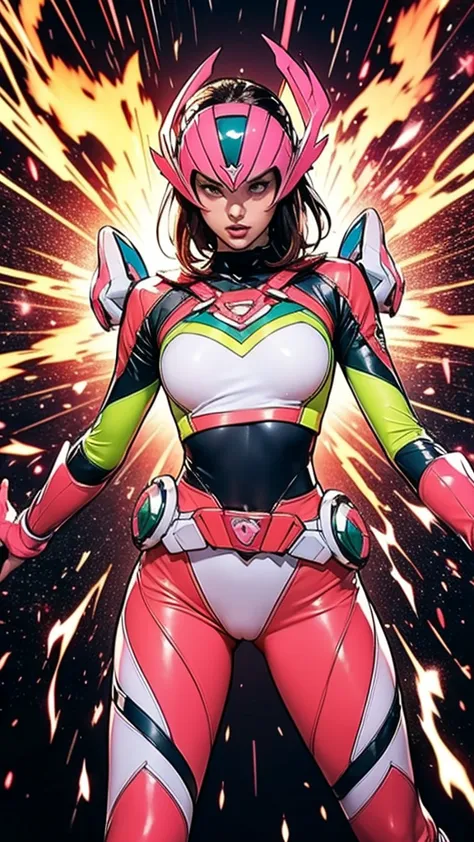 Solo, A brave and courageous image of a 6 member ranger team, Each one is decorated in vibrant colors such as:: ((Pink)), red is...