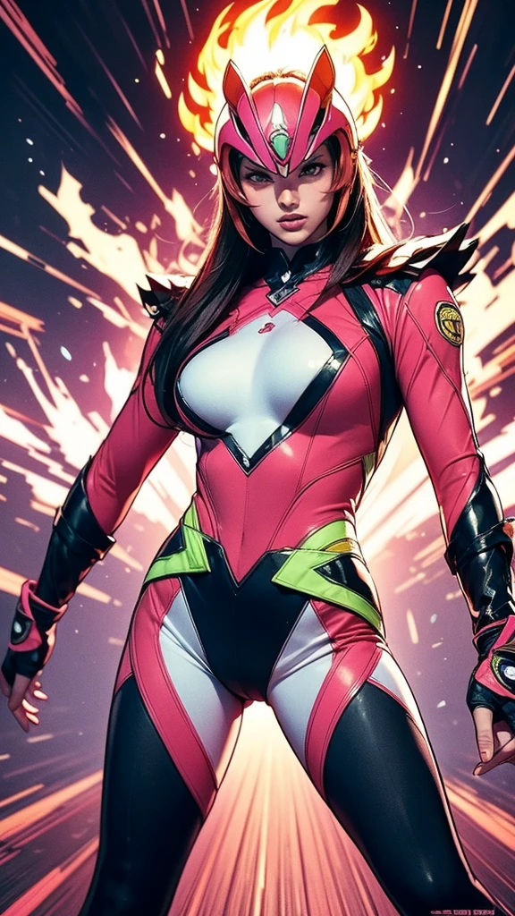 Solo, A brave and courageous image of a 6 member ranger team, Each one is decorated in vibrant colors such as:: ((Pink)), red is front of center, violet, Green, yellow, blue black, white,. Dynamic poses in a background that exudes energy and courage, neon, fire, plasma, Fluorescent, shocking, pink big bomber, splashing pink, running, fighting pose, action pose, Embodying the essence of the classic Sentai superhero team. Each Ranger:: The attire is sophisticated and modern, Each color has elements that reflect its theme., Ready for action. ((Camel Toe)), weapons, in sunset background , in cinematic lighting, cover art mixed cinema poster style,