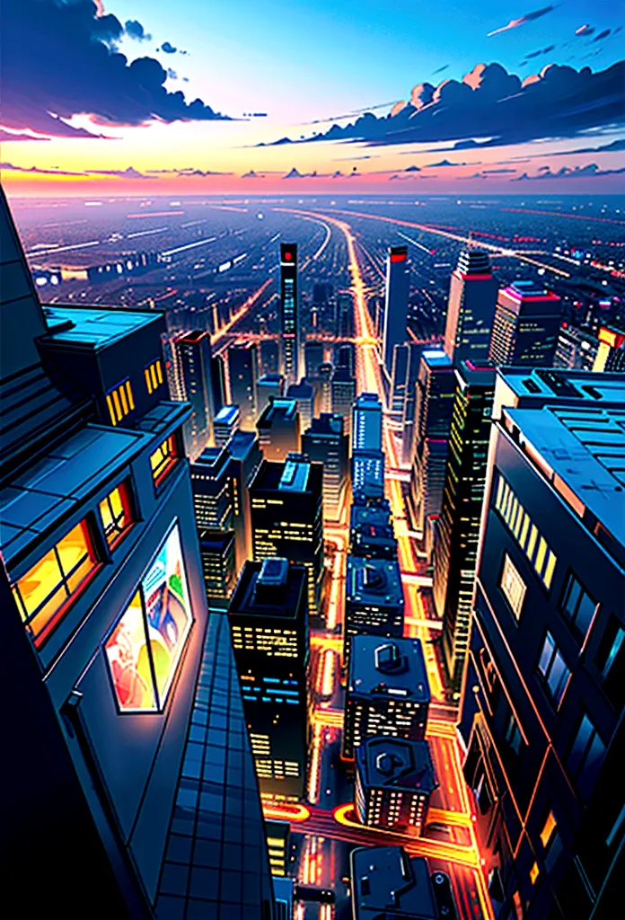  View of a modern city at dusk, with the colorful sky.