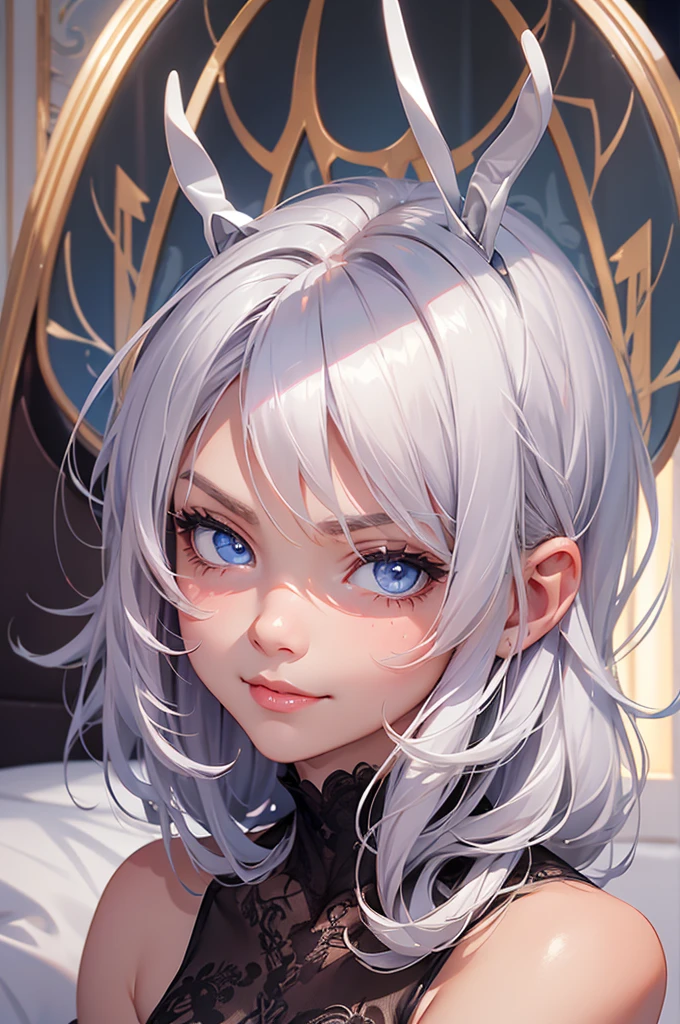 oking at viewer, light smile, blush,, ornate, hotel room, cowboy shot, v arms, short silver hair, blue eyes, serious looks. looking at viewer, cowboy shot, solo, silver bunny ears, one bed #Anime. lack bodysuit, fur trim, gloves, blue boots floating armor