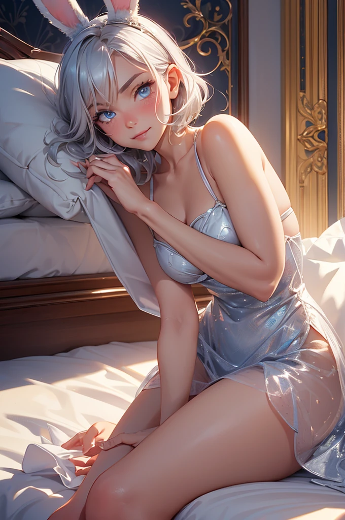 oking at viewer, light smile, blush,, ornate, hotel room, cowboy shot, v arms, short silver hair, blue eyes, serious looks. looking at viewer, cowboy shot, solo, silver bunny ears, one bed #Anime. lack bodysuit, fur trim, gloves, blue boots floating armor