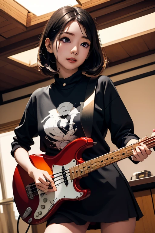 (masterpiece, Highest quality)、live house、Cute girl bassist、Dark Eyes、Gorgeous lighting、Tight mini skirt、Black Hair、Japanese women、