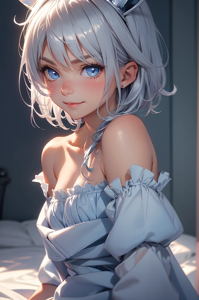 loking at viewer, light smile, blush,, o, cowboy shot, v arms, short silver hair, blue eyes, serious looks. looking at viewer, cowboy shot, solo, silver bunny ears, one bed #Anime. lack bodysuit, fur trim, gloves, blue boots floating armor