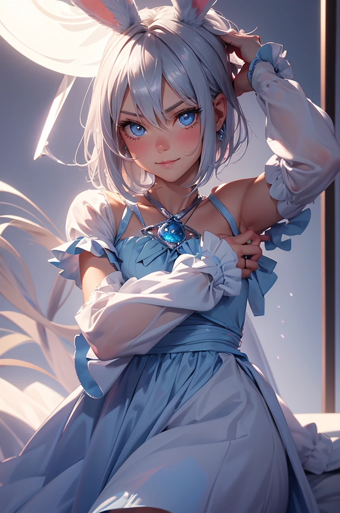 loking at viewer, light smile, blush,, o, cowboy shot, v arms, short silver hair, blue eyes, serious looks. looking at viewer, cowboy shot, solo, silver bunny ears, one bed #Anime. lack bodysuit, fur trim, gloves, blue boots floating armor