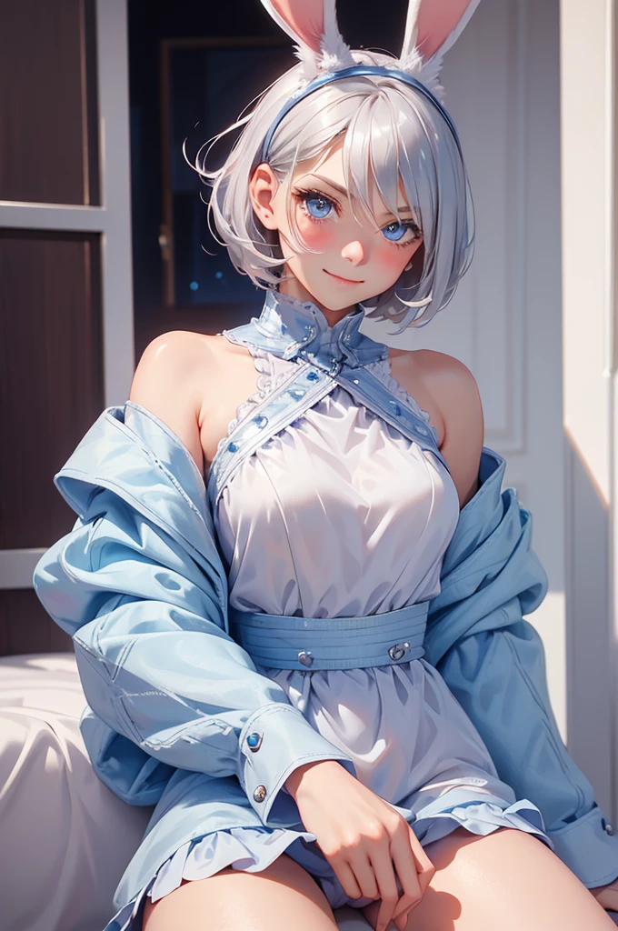 loking at viewer, light smile, blush,, o, cowboy shot, v arms, short silver hair, blue eyes, serious looks. looking at viewer, cowboy shot, solo, silver bunny ears, one bed #Anime. lack bodysuit, fur trim, gloves, blue boots floating armor, power armror