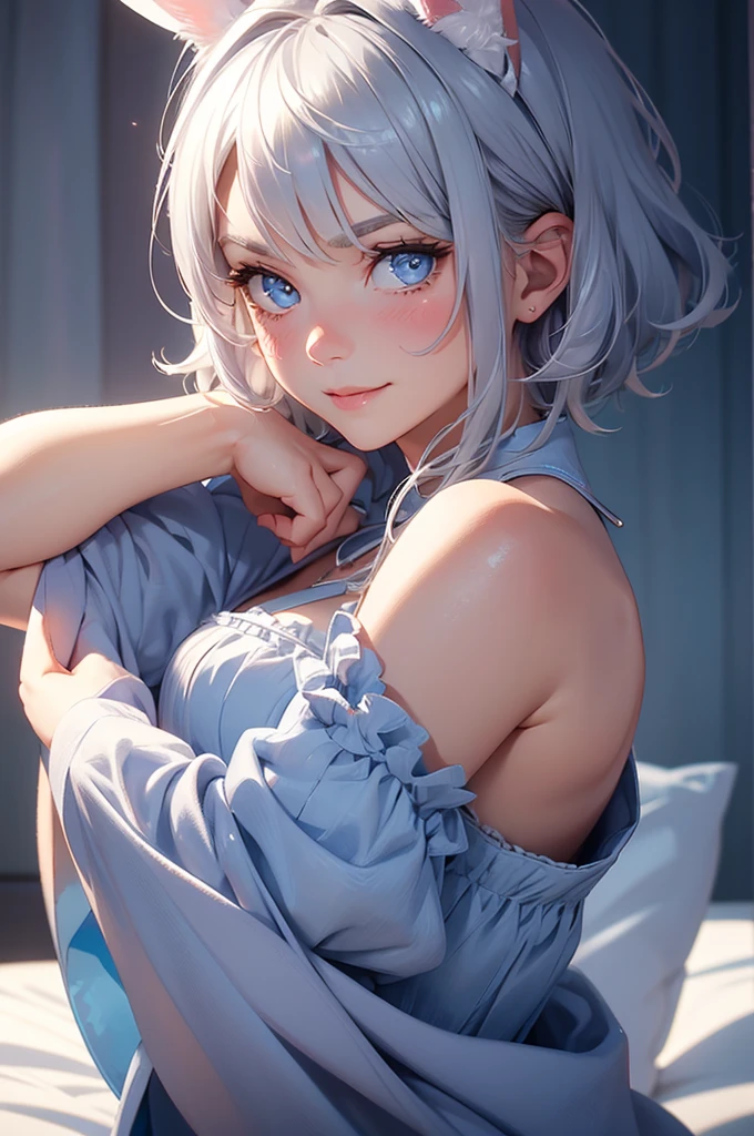 loking at viewer, light smile, blush,, o, cowboy shot, v arms, short silver hair, blue eyes, serious looks. looking at viewer, cowboy shot, solo, silver bunny ears, one bed #Anime. lack bodysuit, fur trim, gloves, blue boots floating armor, power armror