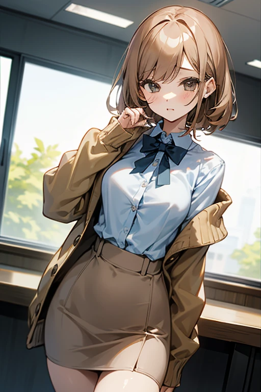 beautiful girl、Office Casual Fashion、ノースリーブのパーカー、チョーカー、ハンドカバー、Tight skirt  style、slender、Model Body Type、Ideal Style、 Slim and cute、No buttons、Put on a bolero、One off-the-shoulder brown cardigan、JK、high school girl、髪を後ろで纏めている
