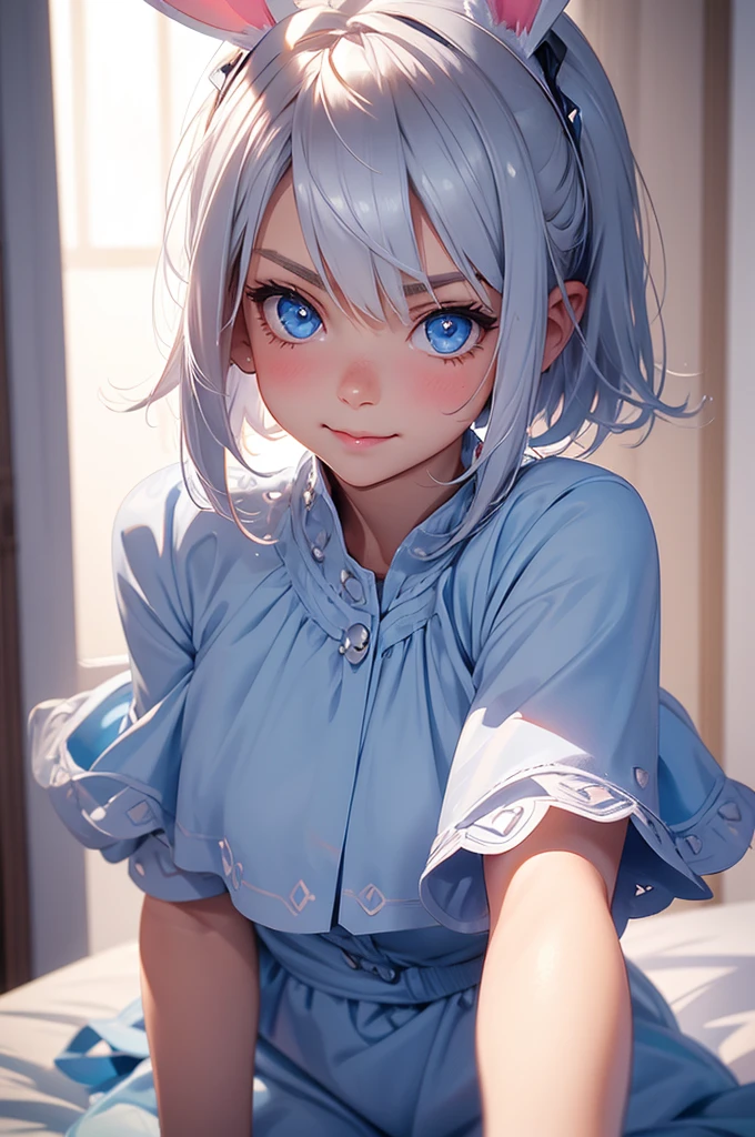 loking at viewer, light smile, blush,, o, cowboy shot, v arms, short silver hair, blue eyes, serious looks. looking at viewer, cowboy shot, solo, silver bunny ears, one bed #Anime. lack bodysuit, fur trim, gloves, blue boots floating armor, power armror