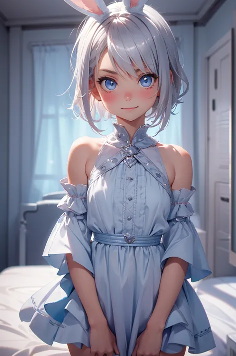 loking at viewer, light smile, blush,, o, cowboy shot, v arms, short silver hair, blue eyes, serious looks. looking at viewer, c...