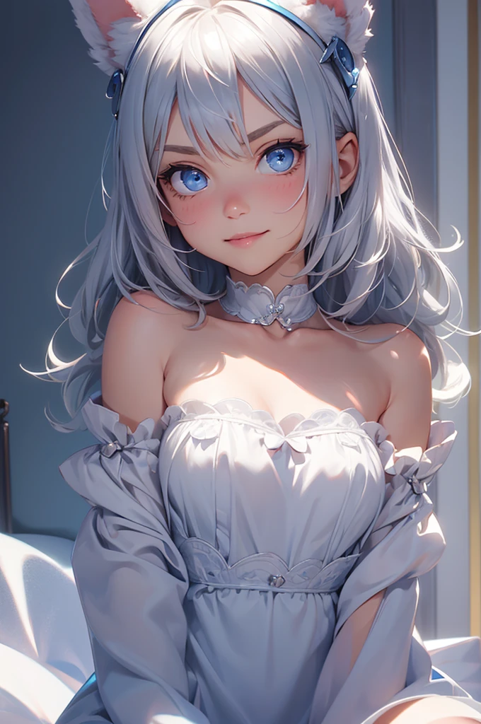 loking at viewer, light smile, blush,, o, cowboy shot, v arms, short silver hair, blue eyes, serious looks. looking at viewer, cowboy shot, solo, silver bunny ears, one bed #Anime. lack bodysuit, fur trim, gloves, blue boots floating armor, power armror