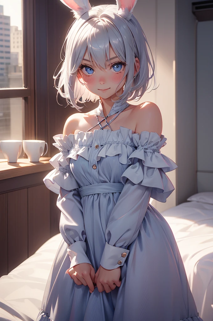 loking at viewer, light smile, blush,, o, cowboy shot, v arms, short silver hair, blue eyes, serious looks. looking at viewer, cowboy shot, solo, silver bunny ears, one bed #Anime. lack bodysuit, fur trim, gloves, blue boots floating armor, power armror