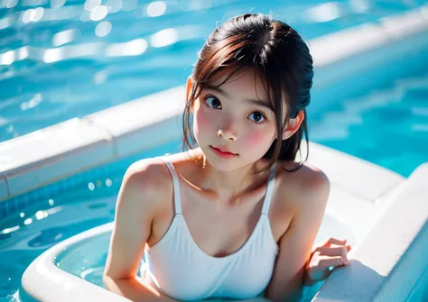A girl in a white swimsuit in the swimming pool
