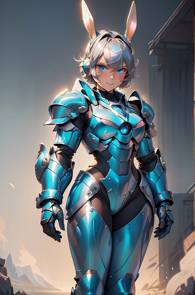 loking at viewer, light smile, blush,, o, cowboy shot, v arms, short silver hair, blue eyes, serious looks. looking at viewer, cowboy shot, solo, silver bunny ears,  lack bodysuit,  gloves, blue boots floating armor, power armor