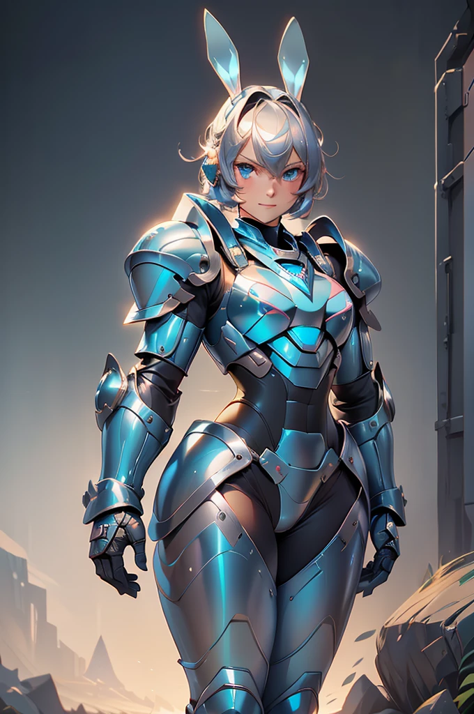 loking at viewer, light smile, blush,, o, cowboy shot, v arms, short silver hair, blue eyes, serious looks. looking at viewer, cowboy shot, solo, silver bunny ears,  lack bodysuit,  gloves, blue boots floating armor, power armor