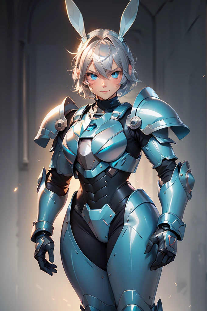 loking at viewer, light smile, blush,, o, cowboy shot, v arms, short silver hair, blue eyes, serious looks. looking at viewer, cowboy shot, solo, silver bunny ears,  lack bodysuit,  gloves, blue boots floating armor, power armor