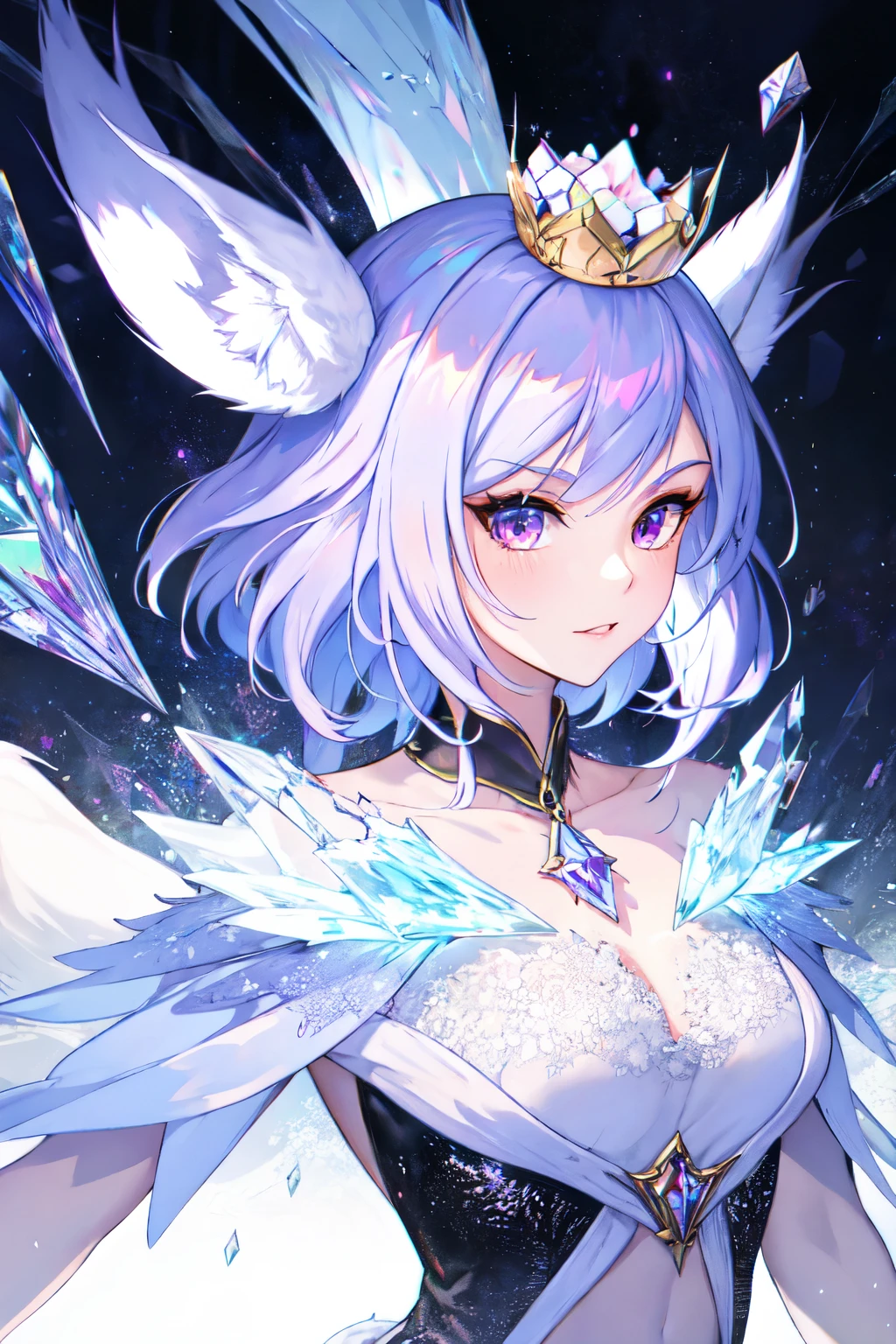 female humanoid fox wearing a crystal crown, long light purple hair, fox ears, and crystallized gemstone foxtails