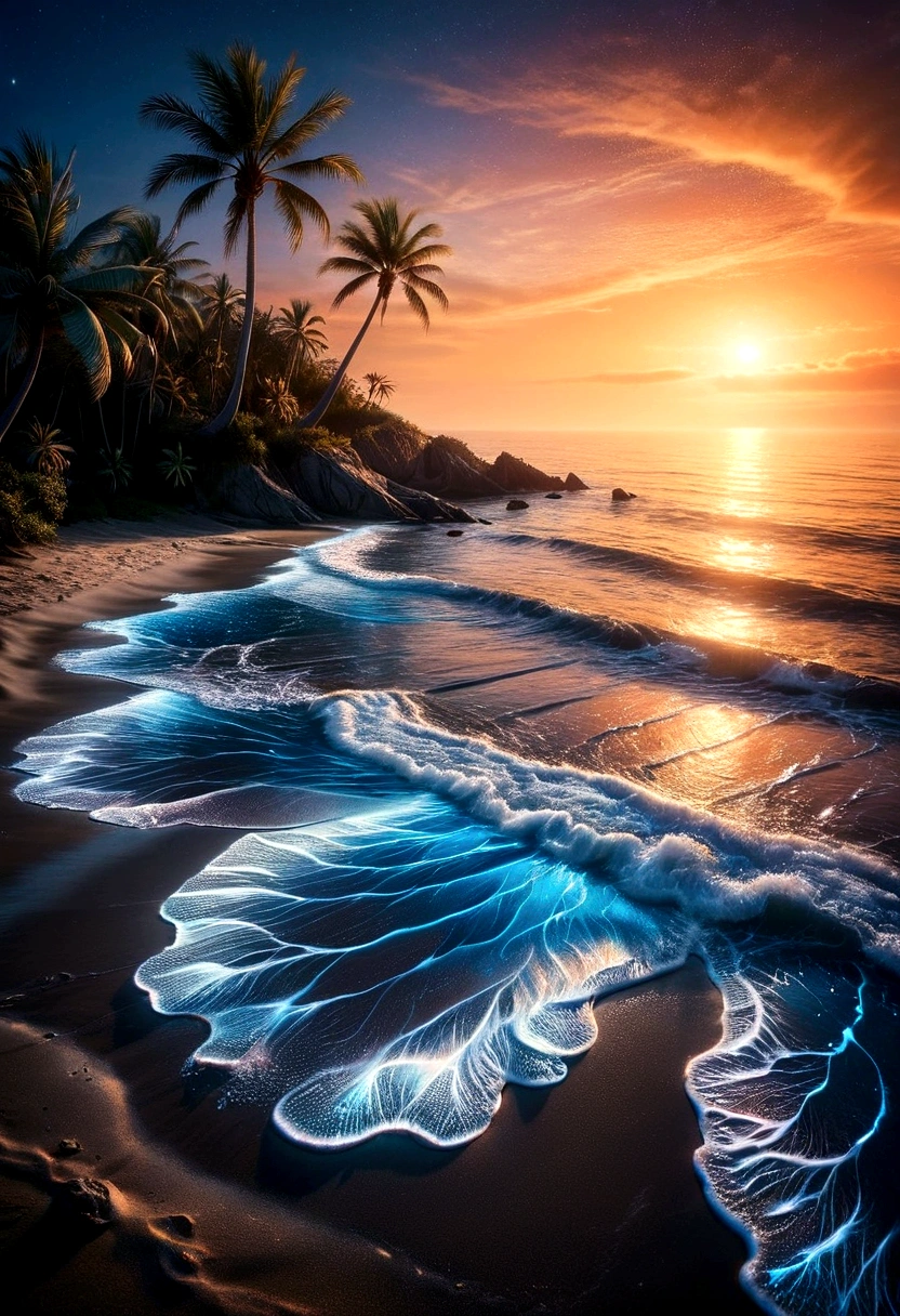 pristine beach at night with a bioluminescent and crystalline sea, viewed from a high vantage point. A surreal scene at the beach during twilight where the sky morphs into a massive, detailed, cosmic eye looking down upon a lone woman with flowing hair and a long, ethereal gown standing at the water's edge. The beach is fringed with palm trees, and the galaxy's spiraling arms within the eye's iris add a fantastical touch. The eye's reflection shimmers on the wet sand and gentle waves, under a gradient sky transitioning from the orange glow of sunset to the deep blue of the approaching night.